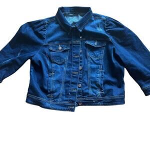 Vetinee Womens Jean Jacket Cropped Denim Jacket Stretchy 3/4 Puff Sleeve Pockets